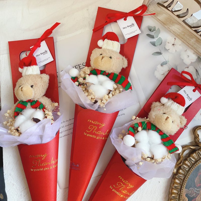 可愛聖誕熊熊花束 聖誕花束 棉花花束 熊熊花束 乾燥花束 聖誕節 - 乾燥花/永生花 - 植物．花 多色