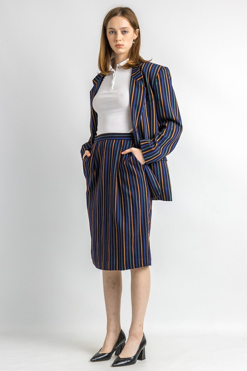 80s Vintage Christian Dior made in USA Striped Pencil Skirt Suit 5933 - 吊帶褲/連身褲 - 羊毛 藍色