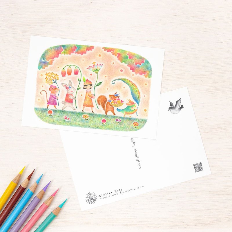 5枚セット。絵本のような。ポストカード 草花のお祭り PC-1411 - 卡片/明信片 - 紙 多色