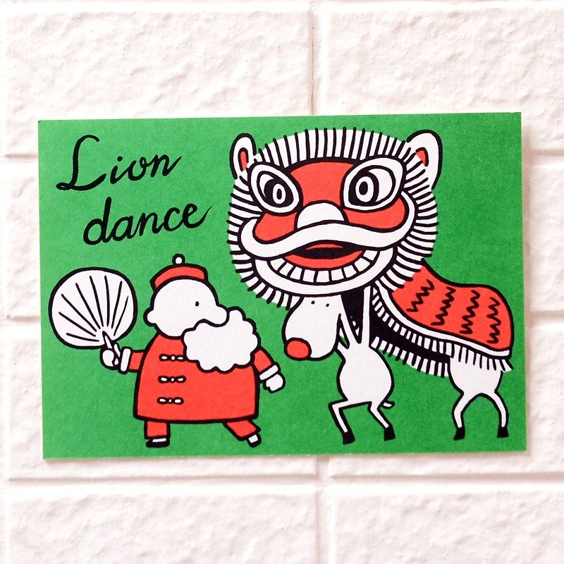 クリスマスカード - サンタクロースとエルク葉書No. 16ドラゴンダンスライオン - カード・はがき - 紙 グリーン