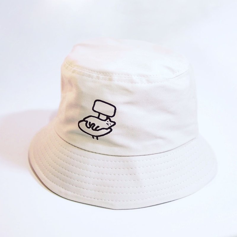 小咖泡芙-辦公貓-米白漁夫帽 - 帽子 - 棉．麻 白色