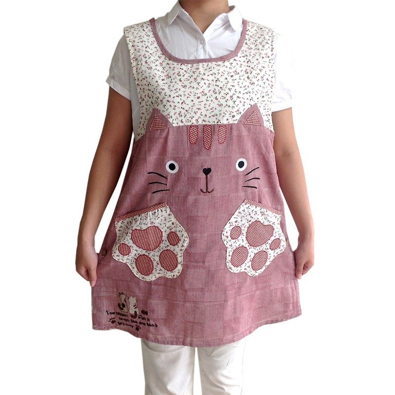 【BEAR BOY】 Lovely wind meow meow side pocket two apron - red - ผ้ากันเปื้อน - วัสดุอื่นๆ 