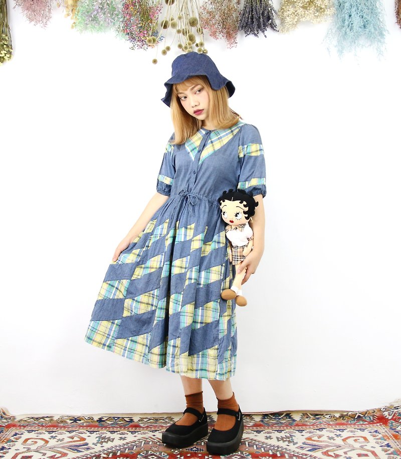 Back to Green:: Washed Denim Plaid stitching vintage dress (DS-04) - One Piece Dresses - Cotton & Hemp 