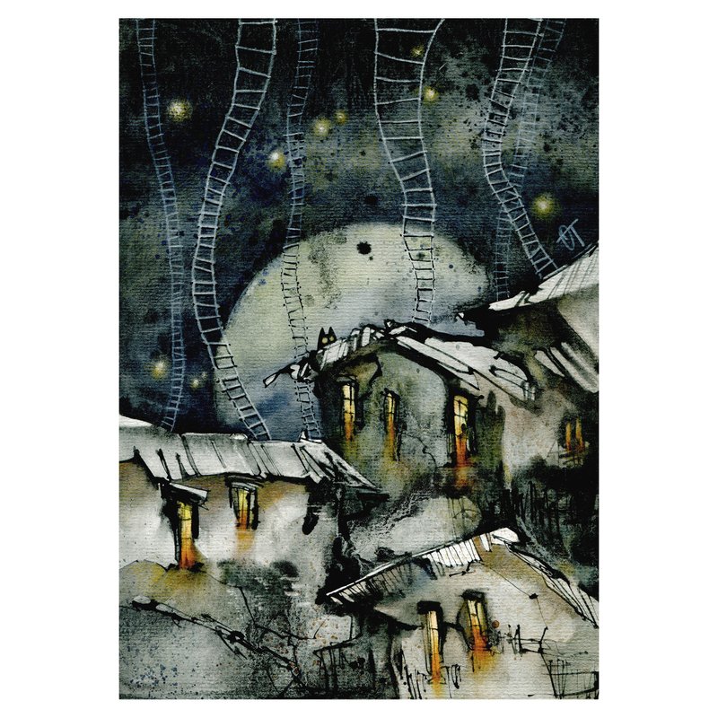 Watercolor ink graphic artwork fantasy urban landscape and little black cat - 壁貼/牆壁裝飾 - 紙 灰色
