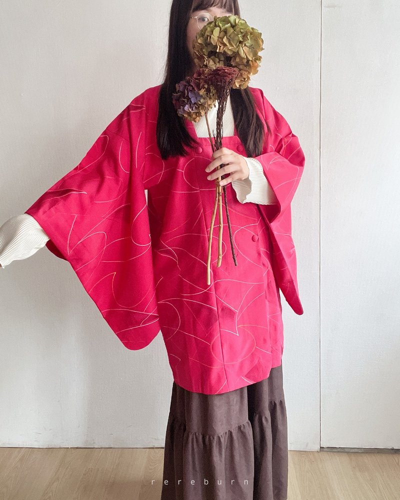 日本製和風印花薄款桃紅色古著道行和服外套 - 女大衣/外套 - 聚酯纖維 粉紅色
