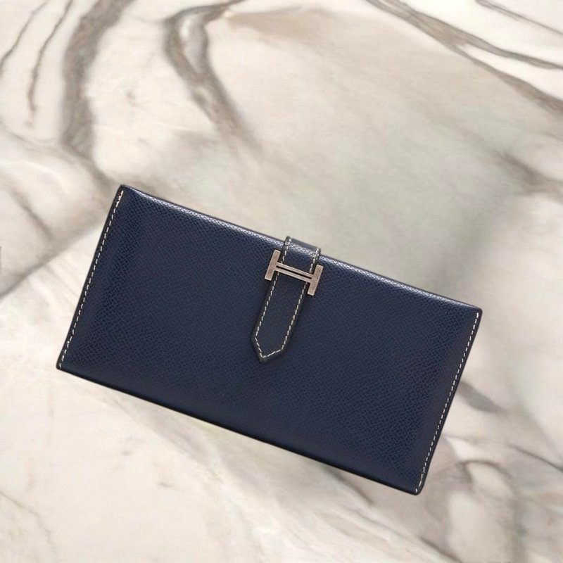 [LA LUNE] Second-hand Hermes blue and black leather Bearn long clip wallet for men and women small clutch bag - กระเป๋าสตางค์ - หนังแท้ สีน้ำเงิน