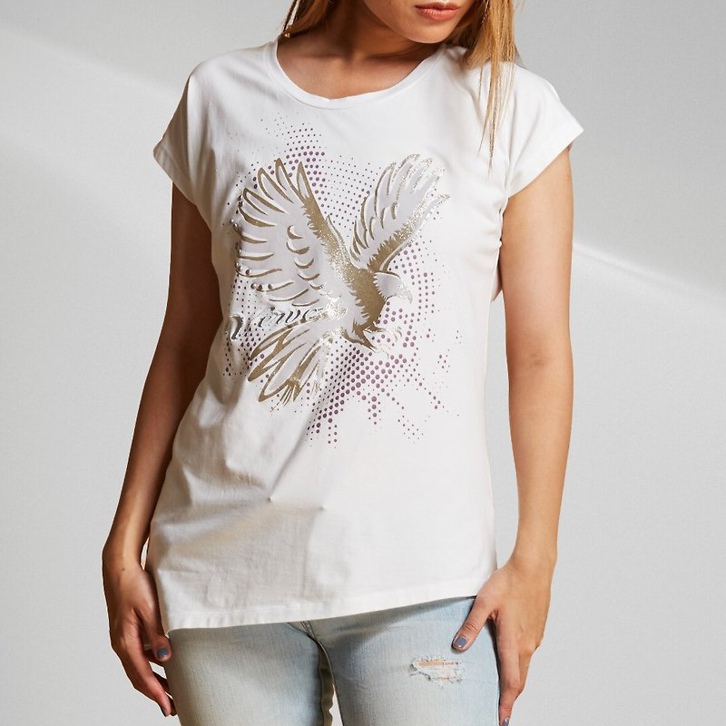Tangle floral print with mirror effect stones cotton tee - เสื้อยืดผู้หญิง - ผ้าฝ้าย/ผ้าลินิน ขาว