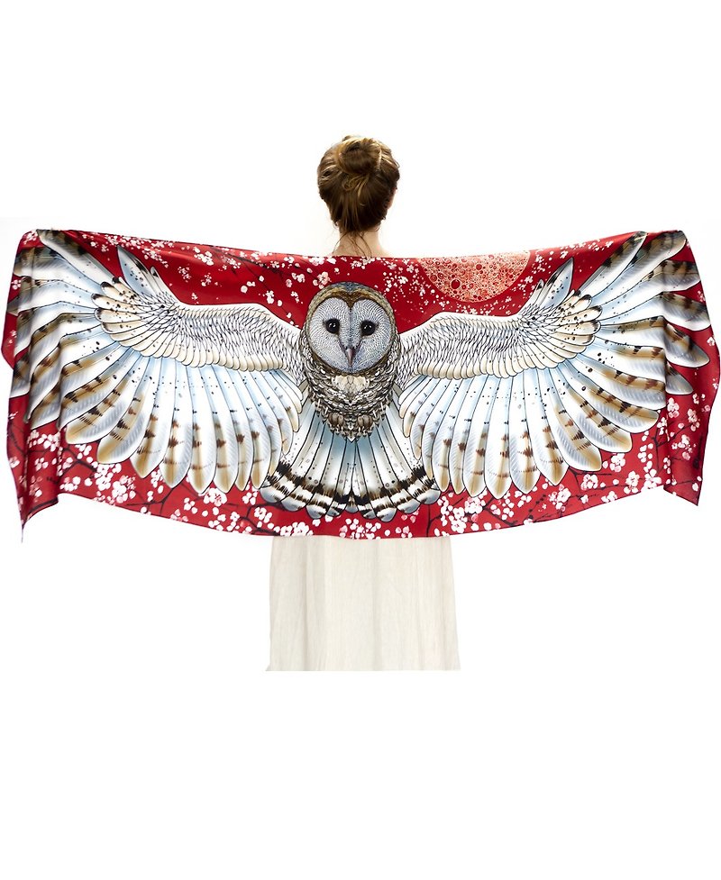 Cherry Blossom Barn Owl Scarf - cotton - ผ้าพันคอ - ผ้าฝ้าย/ผ้าลินิน 