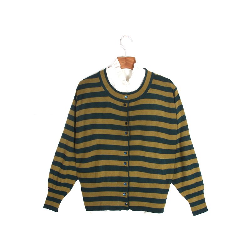Eggplant vintage] leaf green stripes vintage cardigan - Women's Sweaters - Polyester Green