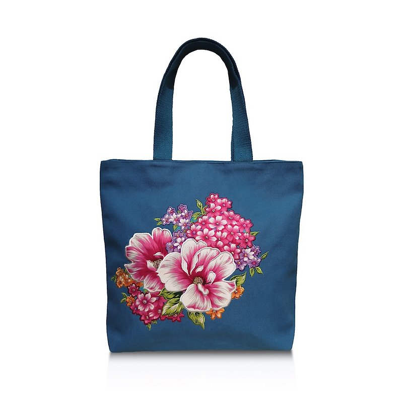 【Mr. Floral Cloth】Embroidered Shoulder Bag (Royal Blue) - กระเป๋าถือ - ผ้าฝ้าย/ผ้าลินิน สีน้ำเงิน