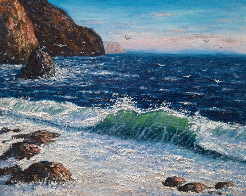 Sea waves original oil painting, mountain rock home decor, ocean beach wall art - ตกแต่งผนัง - วัสดุอีโค หลากหลายสี