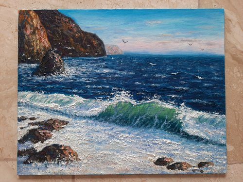 人気アイテム 絵画 冬の椿島 油絵 海 オイルペイント 大船渡
