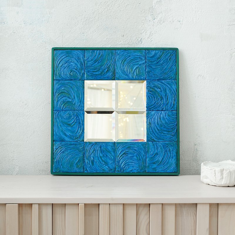 Blue and green mirrow with handpainted ceramic tiles and wood frame - 壁貼/牆壁裝飾 - 陶 藍色