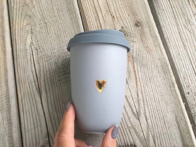 Matt Ceramic Mug, Double Layer mug, Mug with lid ceramic, travel coffee cup - 咖啡杯/馬克杯 - 陶 灰色