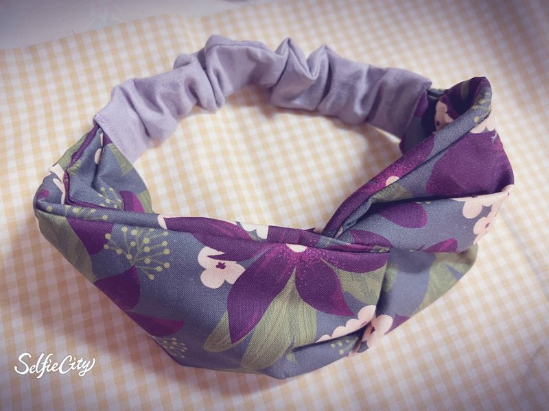 Elegant purple flower pattern double circle headband - Hair Accessories - Cotton & Hemp Purple