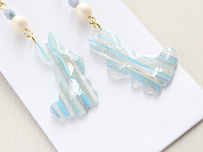 Light blue white and gold stripes rabbit earrings - Earrings & Clip-ons - Acrylic Blue