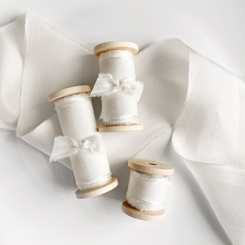 Light Ivory Silk Ribbon / Hand Dyed Silk ribbon on Wood Spool - วัสดุห่อของขวัญ - ผ้าไหม ขาว