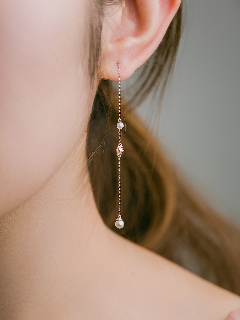 HIWNESS 14K solid gold dangle Spring Rain Earrings |pink sapphires and pearls - ต่างหู - เครื่องเพชรพลอย สึชมพู