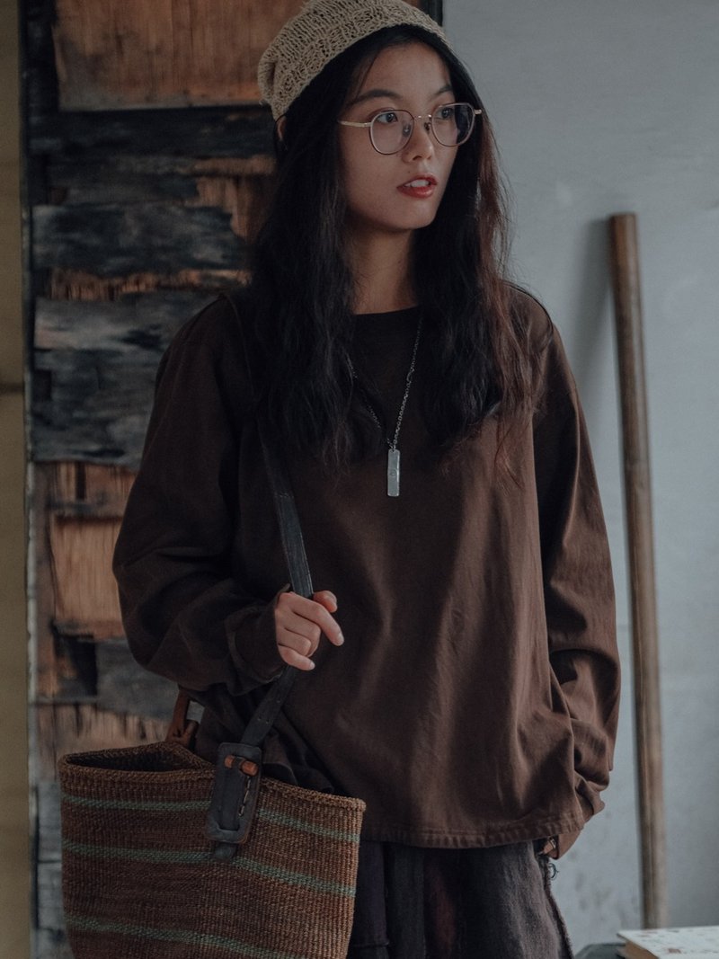 Moss/oak vintage round neck loose long-sleeved T-shirt cotton long-sleeved shirt - เสื้อยืดผู้หญิง - ผ้าฝ้าย/ผ้าลินิน สีเขียว