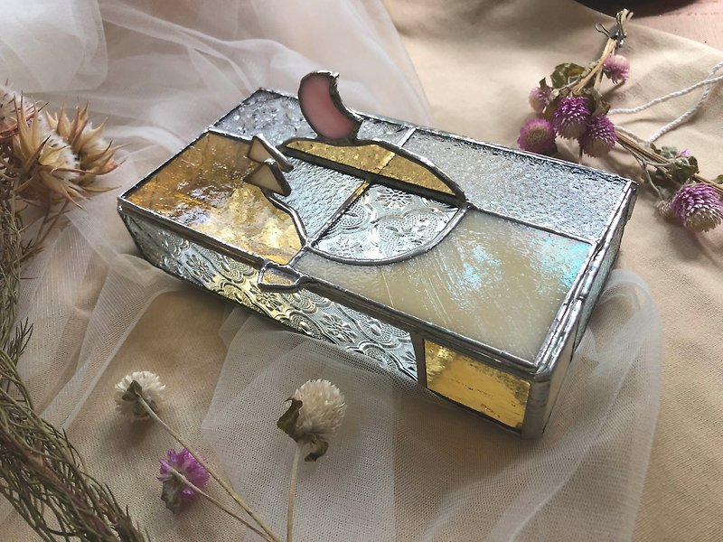 黃昏月亮珠寶盒 l 七夕送禮 鑲嵌玻璃 珠寶盒 口罩盒 飾品盒 粉色