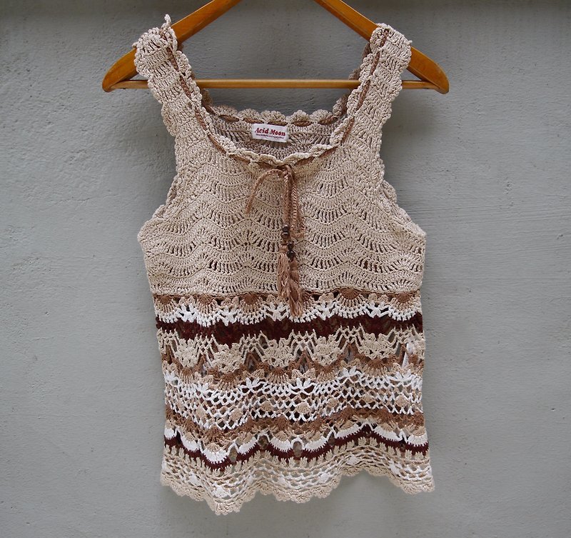 FOAK vintage Acid Moon gradient bandage cotton crocheted vest - เสื้อกั๊กผู้หญิง - ผ้าฝ้าย/ผ้าลินิน สีนำ้ตาล