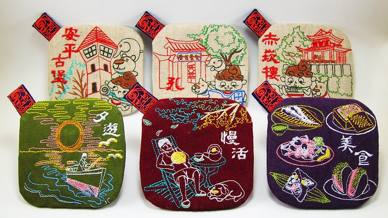 Qmo Tainan Monuments Tour Insulation Coaster Embroidery Illustration Memorial - Coasters - Cotton & Hemp 
