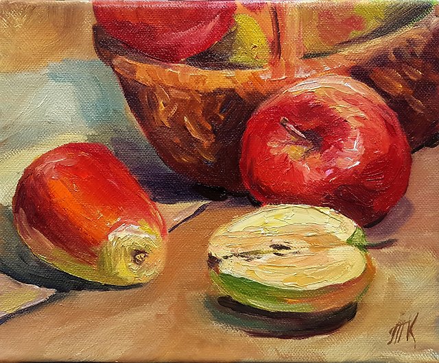 りんごの絵 静物画 オリジナルアート フルーツ キャンバス 油絵 原畫 