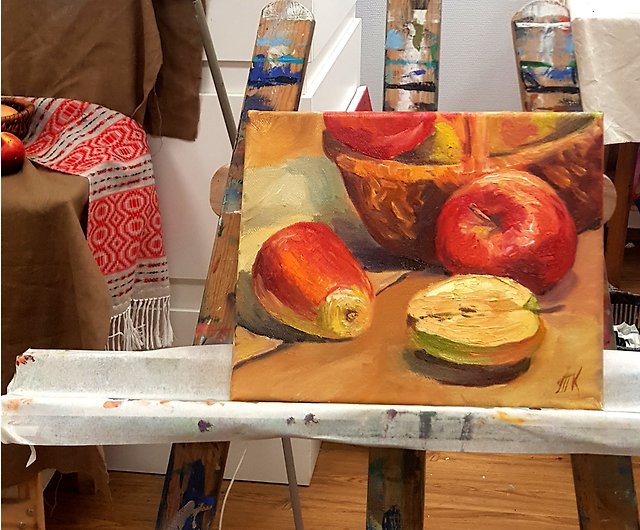 りんごの絵 静物画 オリジナルアート フルーツ キャンバス 油絵 原畫 