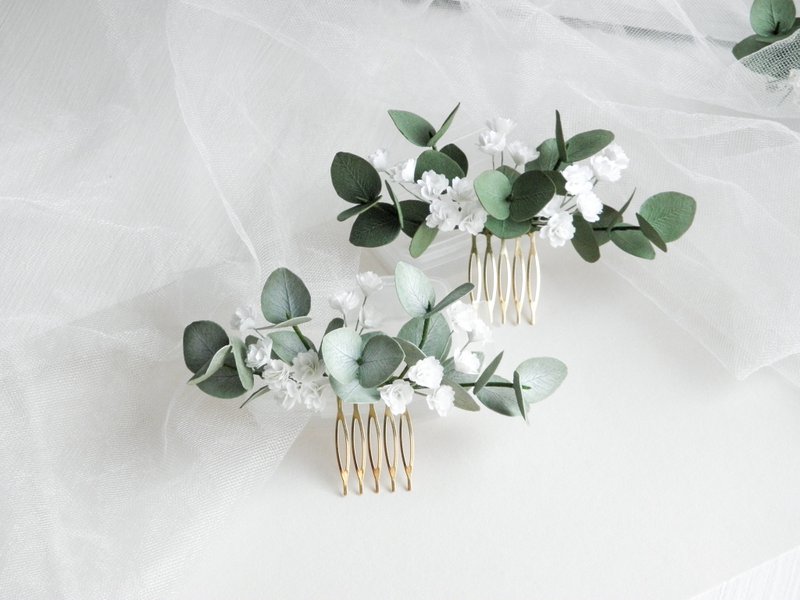 Flowers wedding hair comb Eucalyptus hair comb Greenery hair piece for bride - 髮圈/髮夾 - 植物．花 白色