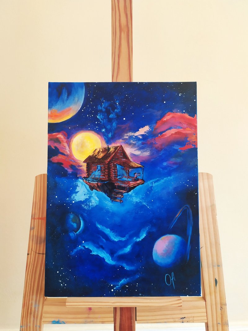 Oil painting. Fantasy. Space. Milky Way. Galaxy. Stars. Planet. Sky. Surreal art - Posters - Cotton & Hemp Blue