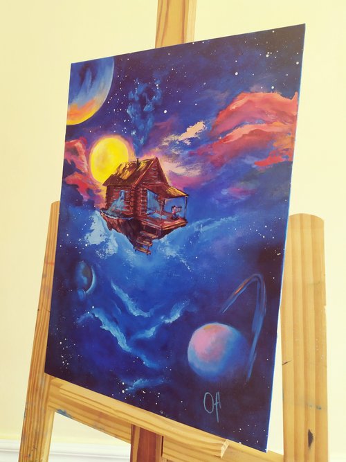 油絵。空想。保存。ミルキィワイ。銀河。星。惑星。空。超現実的