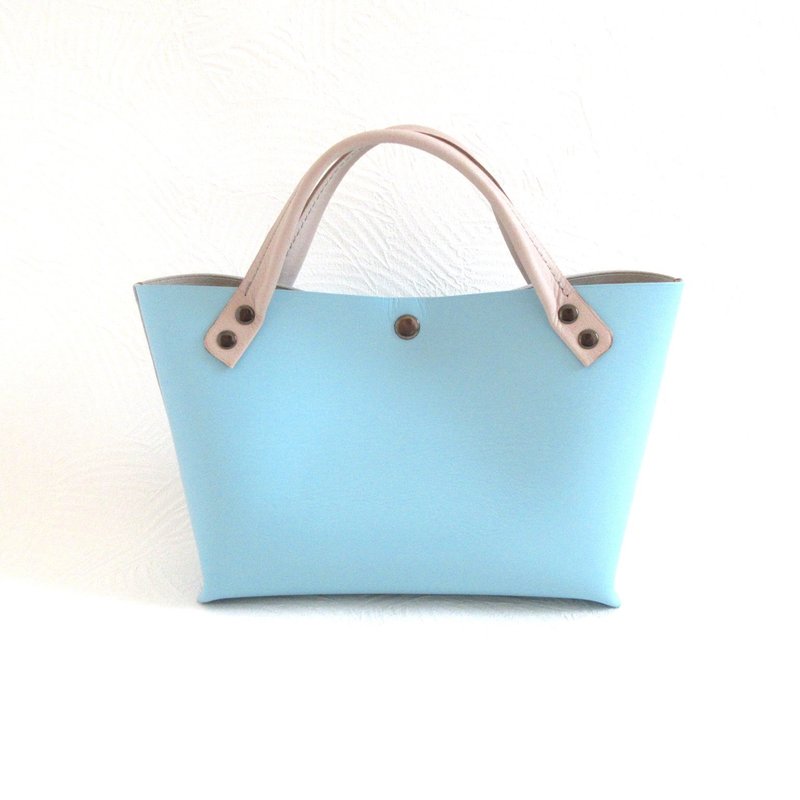 Hand-stitched Short Length Cowhide Mini Tote with Wide Gusset, Single Piece Leather, Light Blue, 0643 - 手袋/手提包 - 真皮 藍色