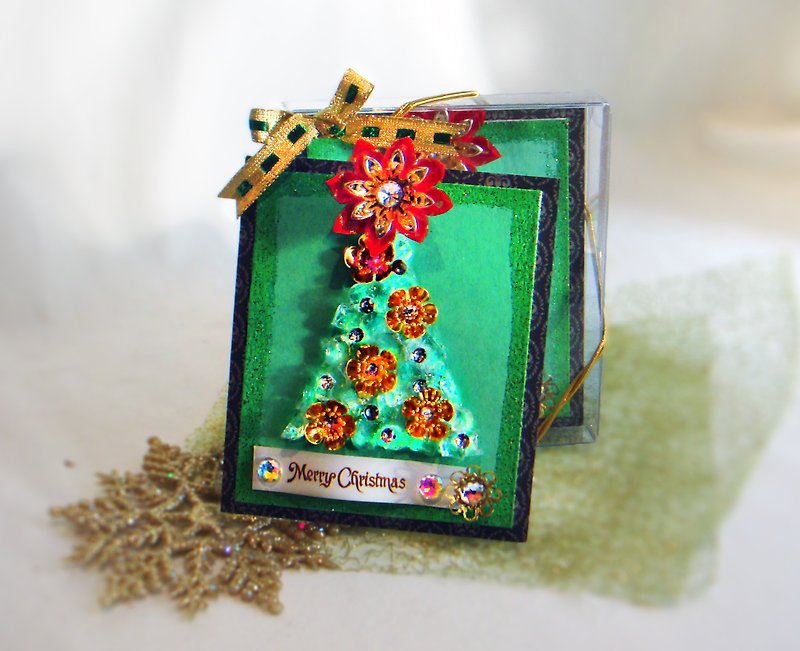 Crystal Christmas tree flower card handmade card gift box (Christmas card, universal card) - การ์ด/โปสการ์ด - คริสตัล สีเขียว