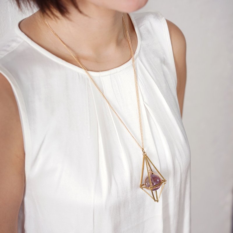 【The Hanging Sphere】25mm Floating Amethyst Necklace / Brass / Handmade Necklace - สร้อยติดคอ - เงินแท้ สีม่วง