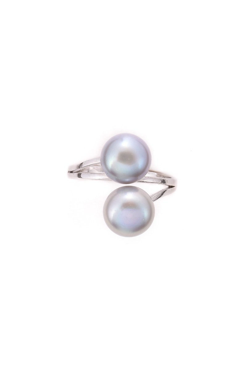 Mother's day giftMoon Collection--Light Gray Blue Pearl S925 Sterling Silver Ope - แหวนทั่วไป - ไข่มุก สีเงิน
