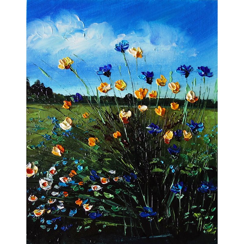 Wildflower Painting Oil Meadow Original Art 油畫原作 Landscape Artwork - 海報/掛畫/掛布 - 顏料 多色