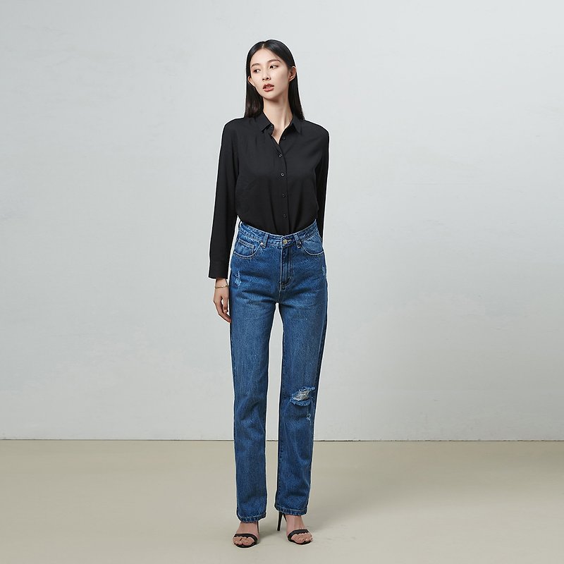 Blue cotton high-rise straight-leg jeans - กางเกงขายาว - ผ้าฝ้าย/ผ้าลินิน สีน้ำเงิน