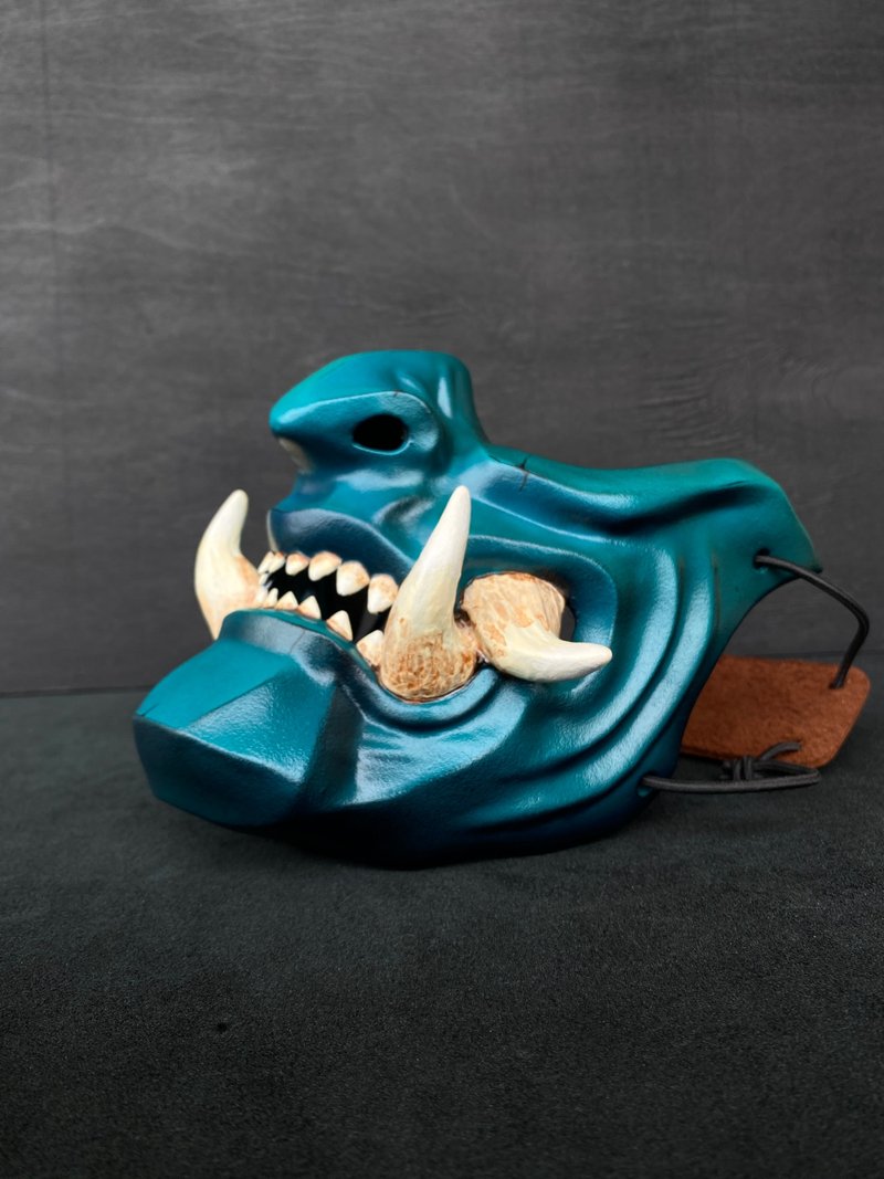 Japanese Blue Half Mask wearable, Samurai Mempo mask, Oni half mask, demon mask - 其他 - 塑膠 藍色