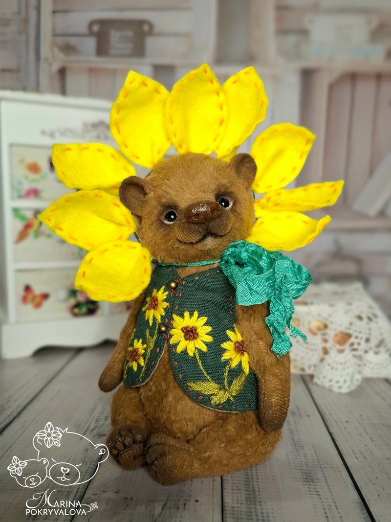 Sunflower teddy bear Handmade toy Artist collectible bear - 玩偶/公仔 - 其他材質 咖啡色