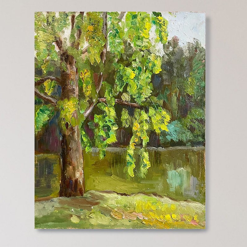 油畫原作 /Landscape painting, Birch tree Nature Hand Painted painting, 寫自大自然 - โปสเตอร์ - ผ้าฝ้าย/ผ้าลินิน 