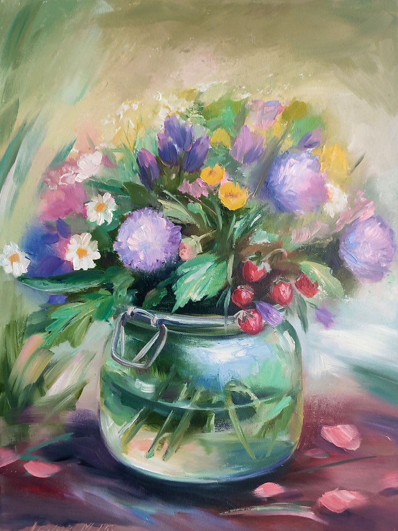 Wild Flowers Painting Flower Original Art Canvas Still life Oil Artwork Bouquet - 壁貼/牆壁裝飾 - 其他材質 綠色