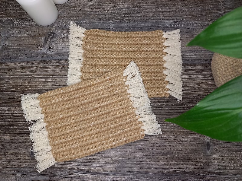 Jute crochet mug rug, jute placemat, jute napkin , eco friendly product - 餐桌布/桌巾/餐墊 - 環保材質 卡其色