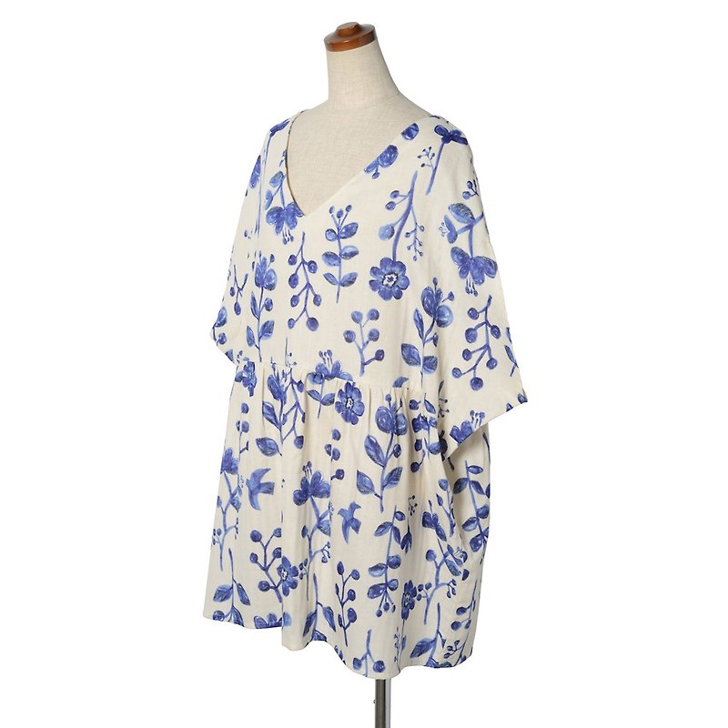 花と鳥のチュニックワンピース　ダブルガーゼ　スカイブルー - 洋裝/連身裙 - 棉．麻 藍色