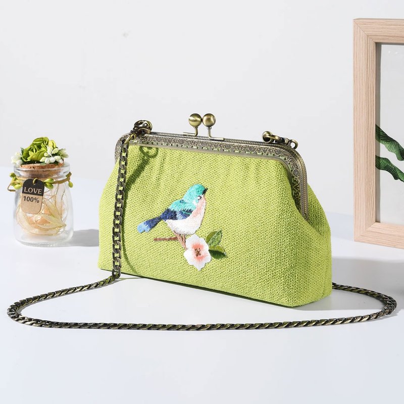 embroidered handbag - Messenger Bags & Sling Bags - Cotton & Hemp Green