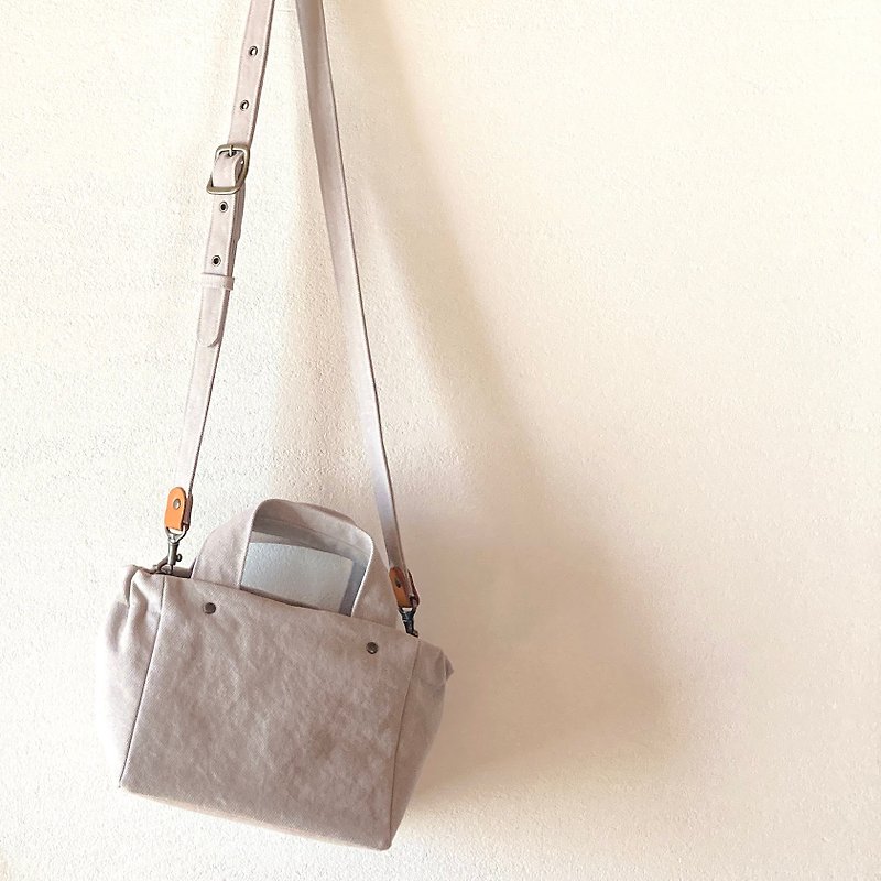 Gathered Tote Bag   Mini   canvas　Light gray　shoulderstrap 2waybag - Handbags & Totes - Cotton & Hemp Gray