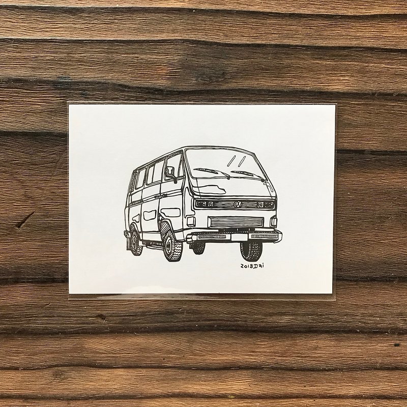 手繪老車明信片- VW T3. 福斯 小巴/旅行車