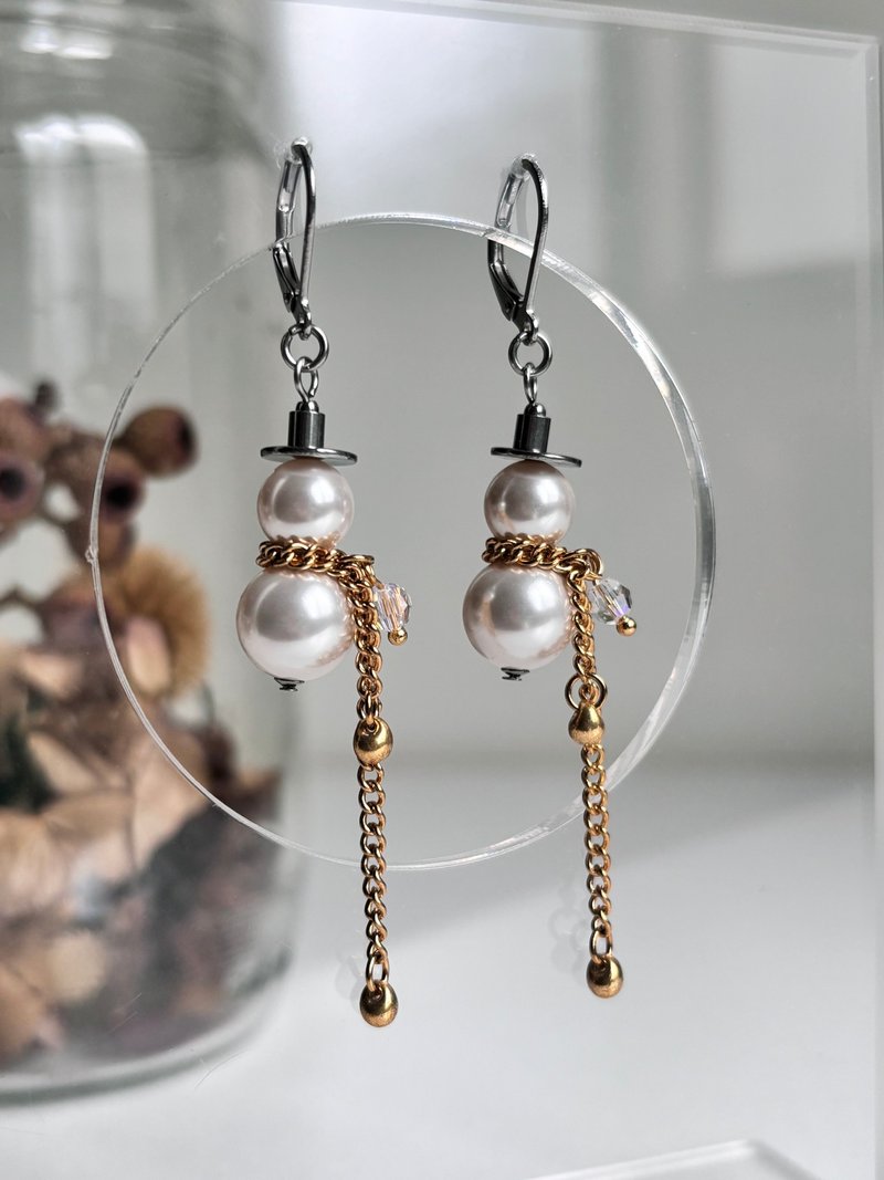 Snowman Stainless Steel Earrings Pearl Earrings - ต่างหู - คริสตัล ขาว