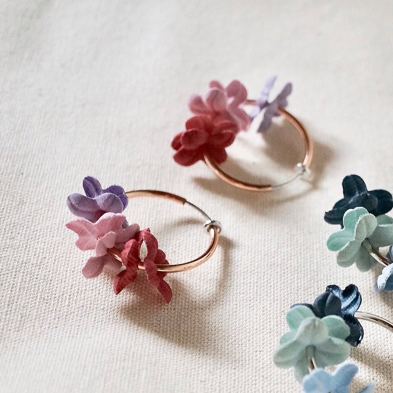 ITS-307 [Flower Fairy Earrings] Pink X Purple Flower Gold Circle Earrings Ear Pins - ต่างหู - โลหะ สึชมพู