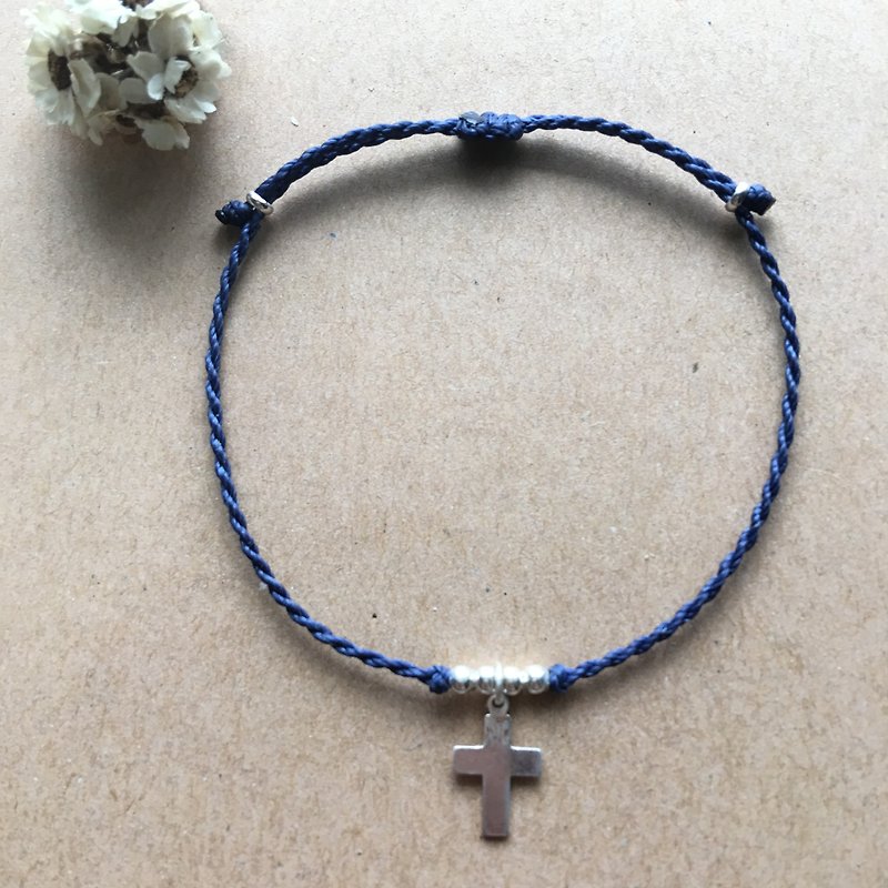 十字架~細手鍊 巴西蠟線 純銀編織手鍊 925 silver bracelet腳鍊 - 手鍊/手鐲 - 其他金屬 藍色