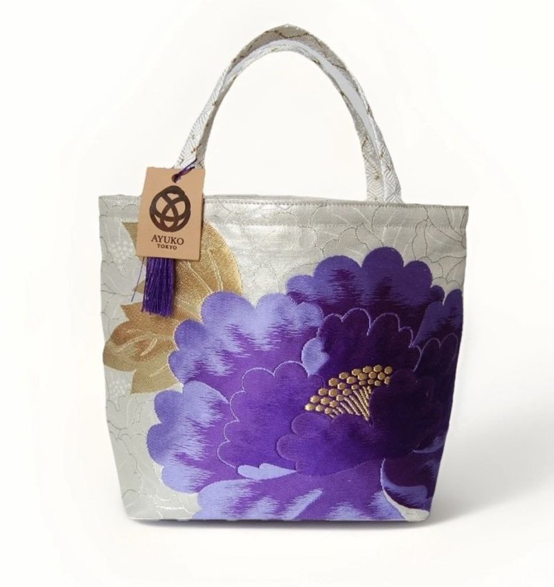 獨一無二真絲和服袋帶托特包, 日本手工刺繡升級改造包, 和風藝術 - 手提包/手提袋 - 絲．絹 紫色